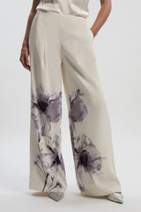 Floral Placement Print Tailored Crepe Pleat Detail Wide Leg Trousers