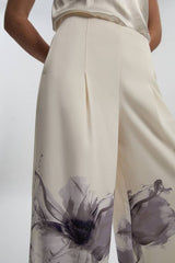 Floral Placement Print Tailored Crepe Pleat Detail Wide Leg Trousers