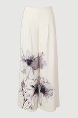 Floral Placement Print Tailored Crepe Pleat Detail Wide Leg Trousers
