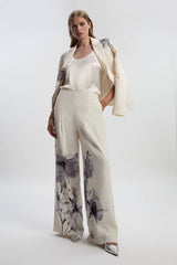 Floral Placement Print Tailored Crepe Pleat Detail Wide Leg Trousers