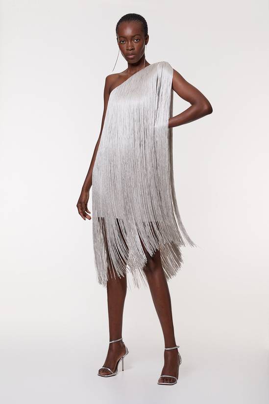 Petite Figure Form Bandage One Shoulder Fringe Mini Knit Dress
