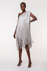 Petite Figure Form Bandage One Shoulder Fringe Mini Knit Dress