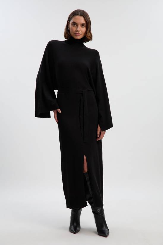 Viscose Blend Funnel Neck Belted Knitted Midi Dress