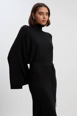 Viscose Blend Funnel Neck Belted Knitted Midi Dress