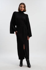 Viscose Blend Funnel Neck Belted Knitted Midi Dress