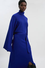 Viscose Blend Funnel Neck Belted Knitted Midi Dress