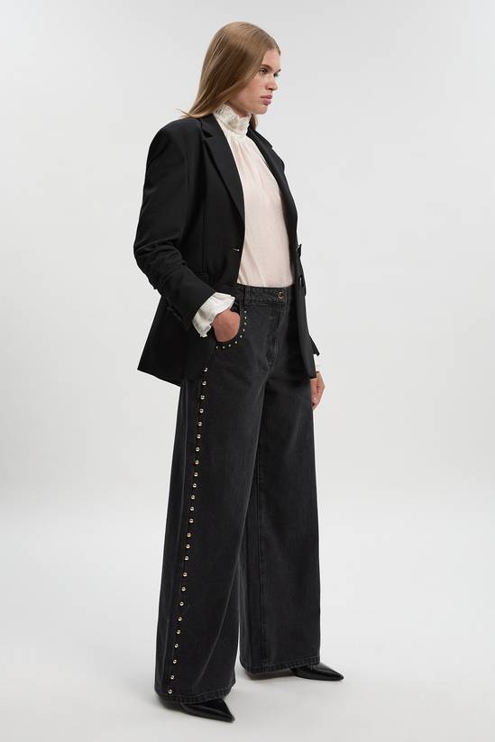 Denim Studded Wide Leg Trouser