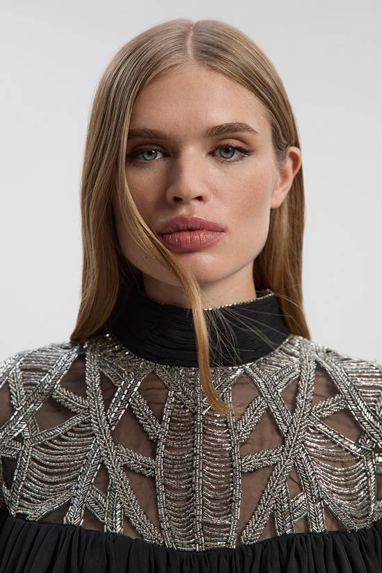 Crystal Embellished Cutwork Cape Detail Woven Drama Blouse