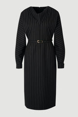 Pinstripe Cowl Neck Tailored Pencil Midi Dress