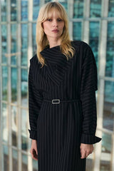 Pinstripe Cowl Neck Tailored Pencil Midi Dress