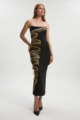 Embellished Fringe Bandeau Figure Form Bandage Maxi Dress