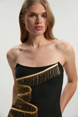 Embellished Fringe Bandeau Figure Form Bandage Maxi Dress