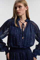Karen Millen Print Shirred Detail Dobby High Neck Woven Maxi Dress