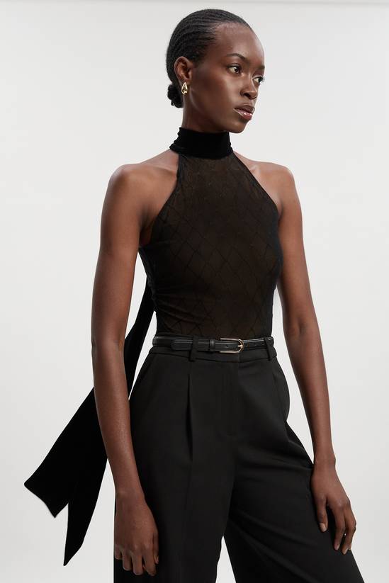 Mesh With Velvet Bow Neck Detail Halter Neck Bodysuit