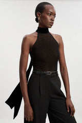 Mesh With Velvet Bow Neck Detail Halter Neck Bodysuit