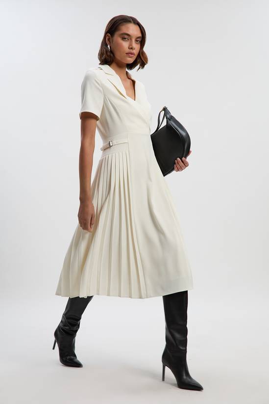 Tailored Crepe Pleated Midi Shirt Dress