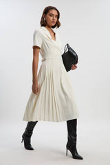 Tailored Crepe Pleated Midi Shirt Dress
