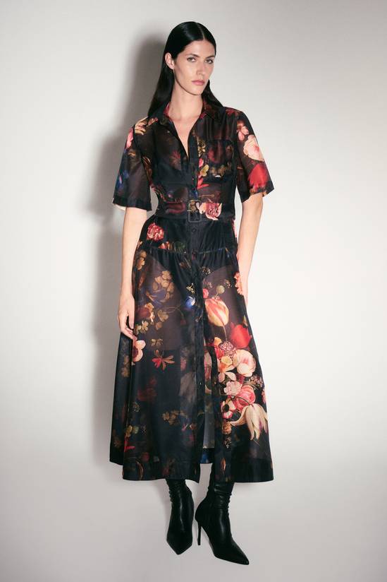 Floral Print Organdie Woven Shirt Dress