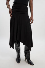 Stretch Drapey Crepe Ruched Hanky Hem Midi Skirt