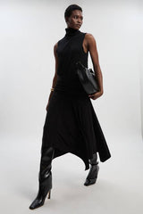 Stretch Drapey Crepe Ruched Hanky Hem Midi Skirt