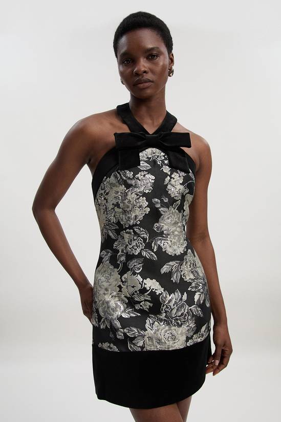 Petite Velvet And Jacquard Contrast Halterneck Tailored Mini Dress