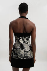 Petite Velvet And Jacquard Contrast Halterneck Tailored Mini Dress