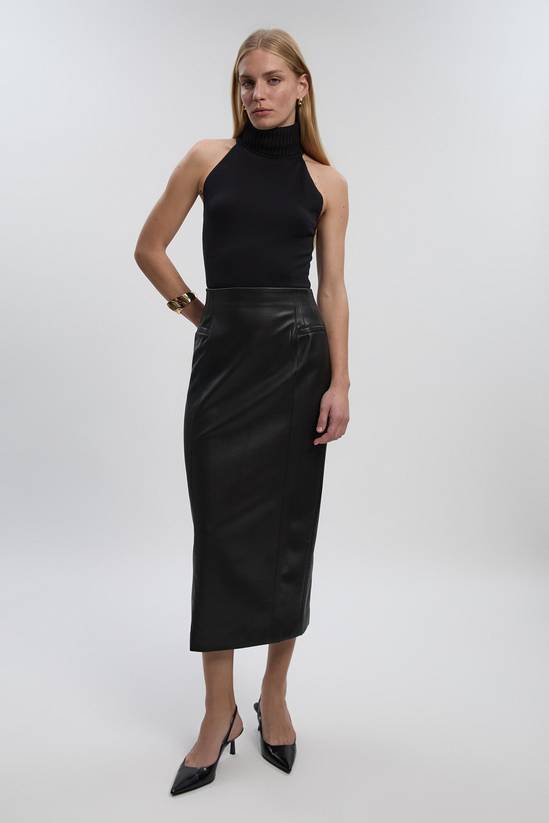 Faux Leather Seam Waist Detail Pencil Midi Skirt