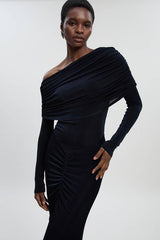 Drapey Crepe Off The Shoulder Ruched Detail Fishtail Maxi Dress