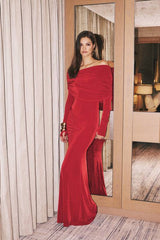 Drapey Crepe Off The Shoulder Ruched Detail Fishtail Maxi Dress