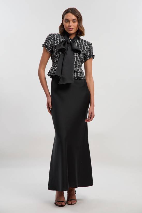 Boucle Tailored Tie Neck Satin Mix Midi Dress
