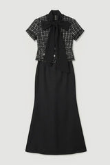 Boucle Tailored Tie Neck Satin Mix Midi Dress