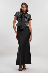 Boucle Tailored Tie Neck Satin Mix Midi Dress