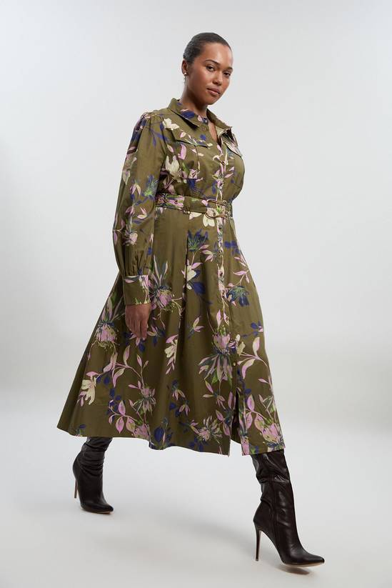 Plus Size Floral Print Cotton Sateen Woven Midi Shirt Dress