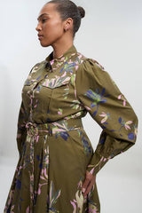 Plus Size Floral Print Cotton Sateen Woven Midi Shirt Dress