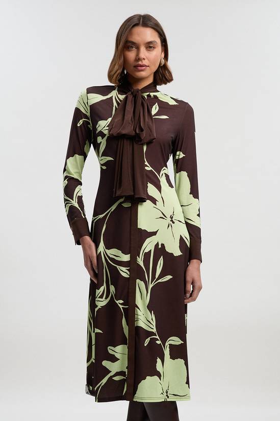 Floral Print Bow Detail Ruched Long Sleeve Crepe Maxi Dress