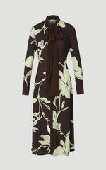 Floral Print Bow Detail Ruched Long Sleeve Crepe Maxi Dress
