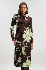 Floral Print Bow Detail Ruched Long Sleeve Crepe Maxi Dress