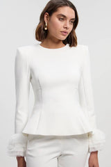 Scuba Drama Tulle Detail Cuff Woven Peplum Top
