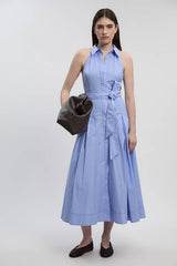Cotton Collared Stripe Halter Neck Woven Midi Shirt Dress With Dropped Waist Detail