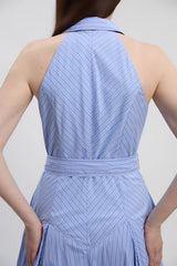 Cotton Collared Stripe Halter Neck Woven Midi Shirt Dress With Dropped Waist Detail