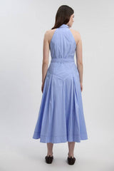 Cotton Collared Stripe Halter Neck Woven Midi Shirt Dress With Dropped Waist Detail