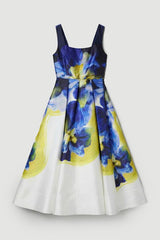 Photographic Floral Twill Prom Woven Midi Dress