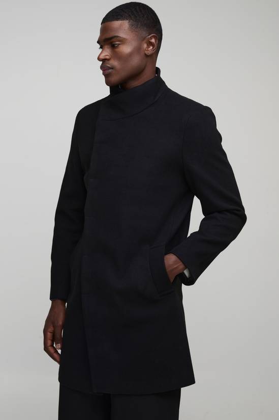 Funnel Neck Wool Look Overcoat in Black