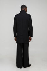 Funnel Neck Wool Look Overcoat in Black