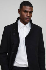 Funnel Neck Wool Look Overcoat in Black