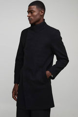 Funnel Neck Wool Look Overcoat in Black