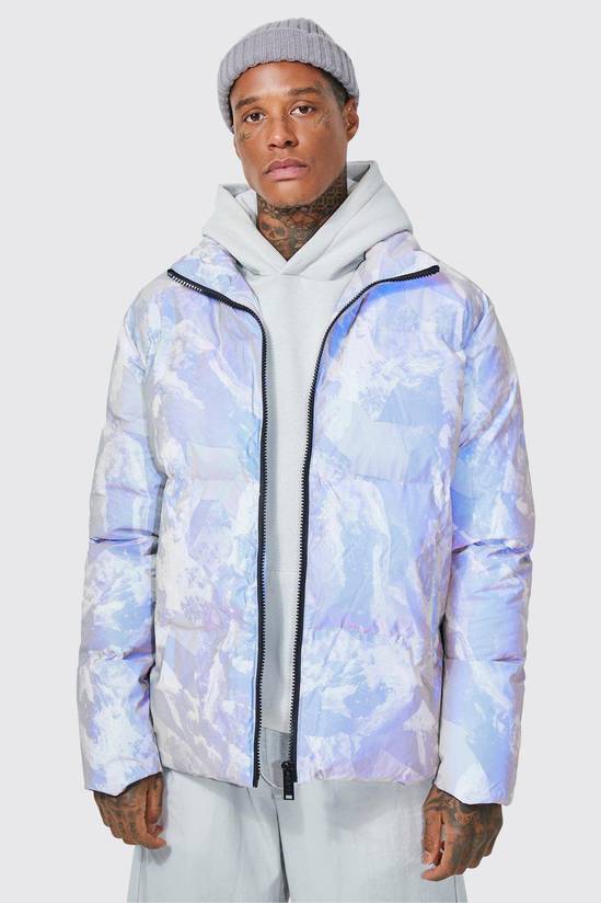 Mountain Reflective Print Funnel Neck Puffer
