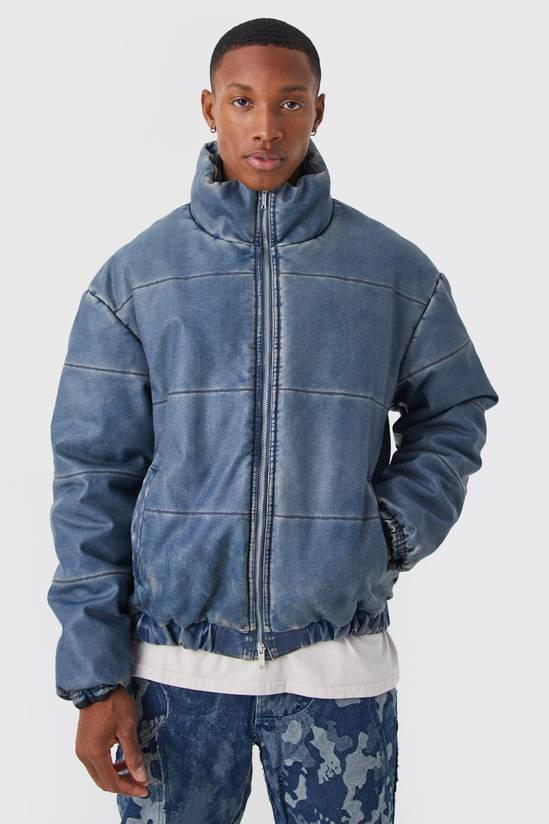 Funnel Neck Boxy Denim Look Pu Puffer