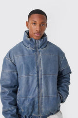 Funnel Neck Boxy Denim Look Pu Puffer