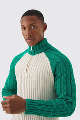 Cable Funnel Neck Raglan Colour Block Jumper